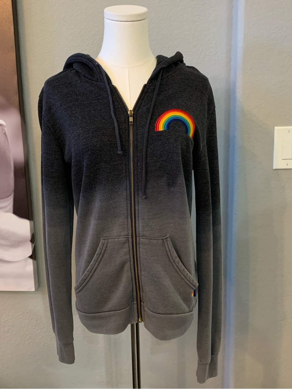 Aviator Nation Faded Rainbow Embroidery Charcoal Ombré Wash Hoodie Zip Up Small
